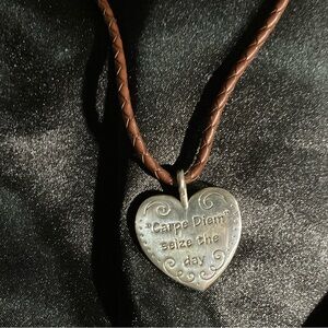 Brighton "Seize the Day" heart pendant necklace on a brown leather cord 2373